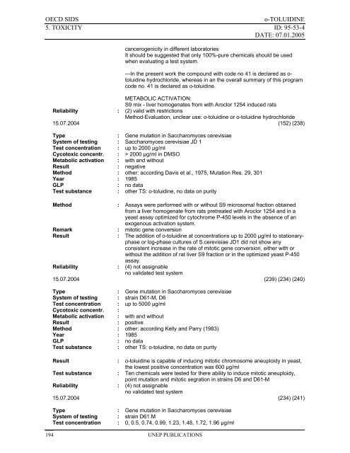 o-TOLUIDINE CAS N°: 95-53-4 - UNEP Chemicals