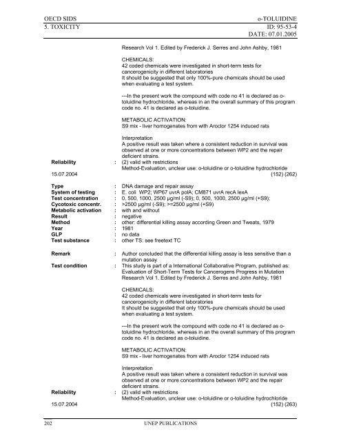 o-TOLUIDINE CAS N°: 95-53-4 - UNEP Chemicals