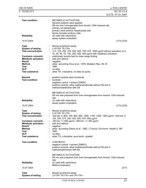 o-TOLUIDINE CAS N°: 95-53-4 - UNEP Chemicals