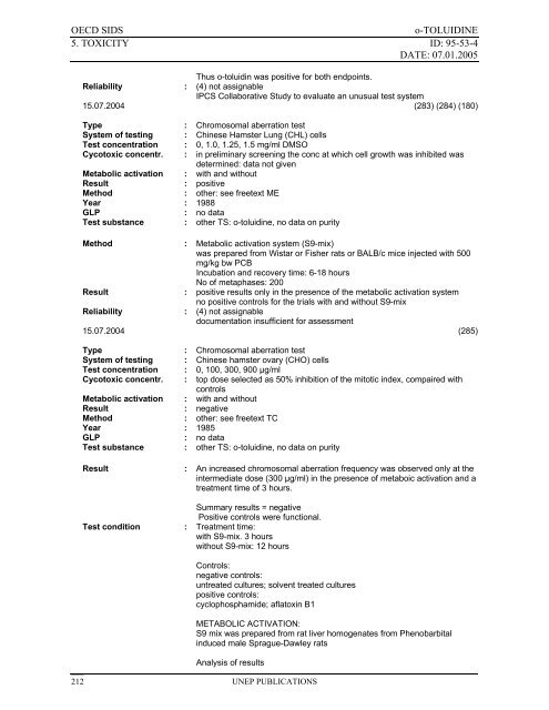 o-TOLUIDINE CAS N°: 95-53-4 - UNEP Chemicals