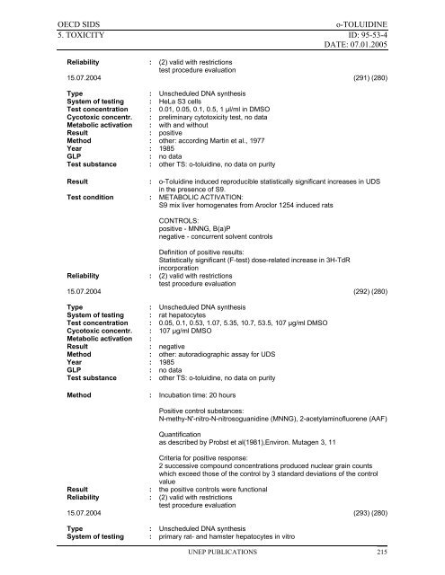 o-TOLUIDINE CAS N°: 95-53-4 - UNEP Chemicals