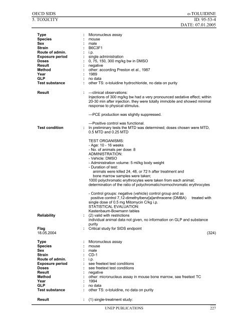 o-TOLUIDINE CAS N°: 95-53-4 - UNEP Chemicals