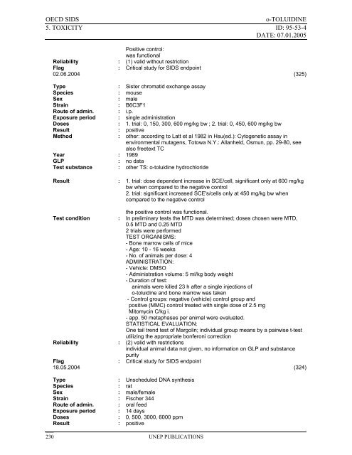 o-TOLUIDINE CAS N°: 95-53-4 - UNEP Chemicals