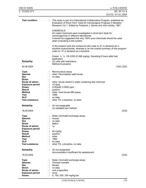 o-TOLUIDINE CAS N°: 95-53-4 - UNEP Chemicals