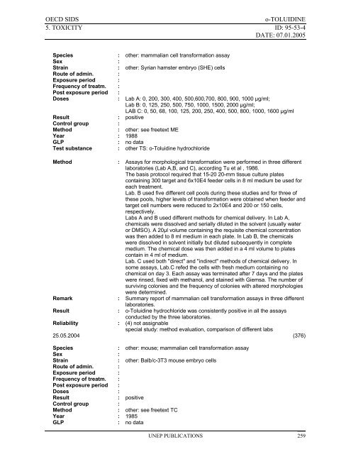 o-TOLUIDINE CAS N°: 95-53-4 - UNEP Chemicals