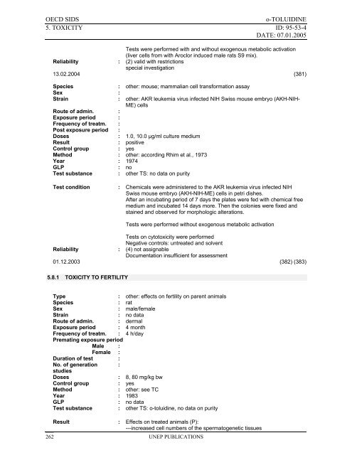 o-TOLUIDINE CAS N°: 95-53-4 - UNEP Chemicals