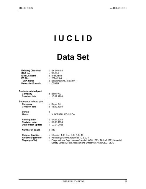 o-TOLUIDINE CAS N°: 95-53-4 - UNEP Chemicals