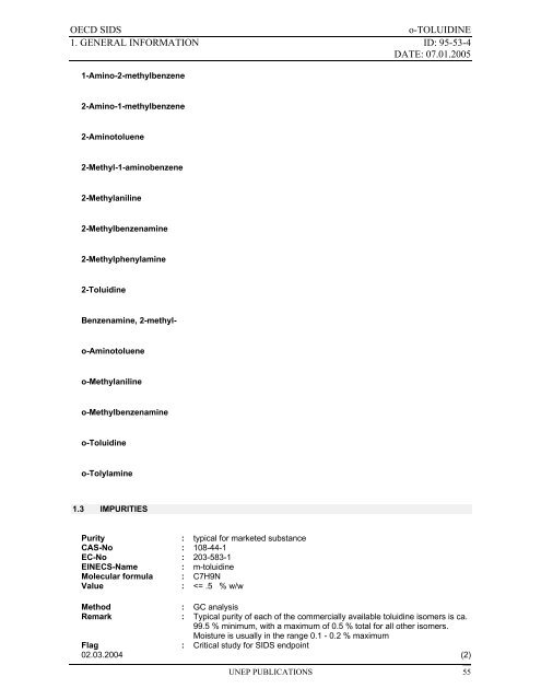 o-TOLUIDINE CAS N°: 95-53-4 - UNEP Chemicals