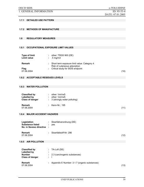 o-TOLUIDINE CAS N°: 95-53-4 - UNEP Chemicals