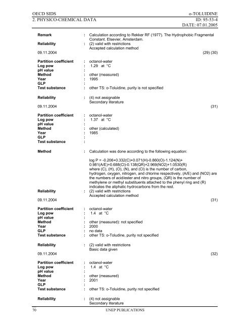 o-TOLUIDINE CAS N°: 95-53-4 - UNEP Chemicals