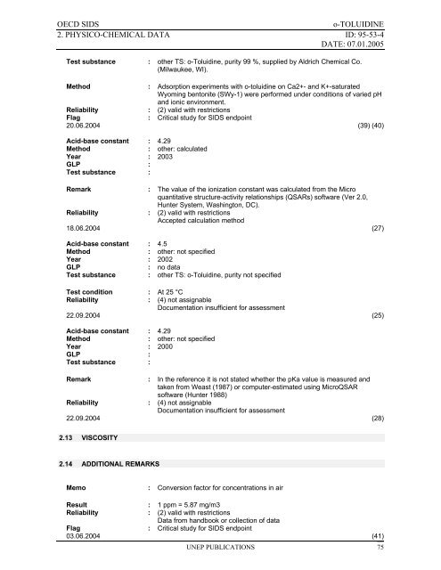 o-TOLUIDINE CAS N°: 95-53-4 - UNEP Chemicals