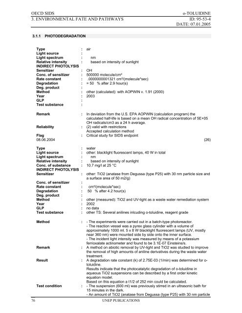 o-TOLUIDINE CAS N°: 95-53-4 - UNEP Chemicals