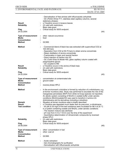 o-TOLUIDINE CAS N°: 95-53-4 - UNEP Chemicals