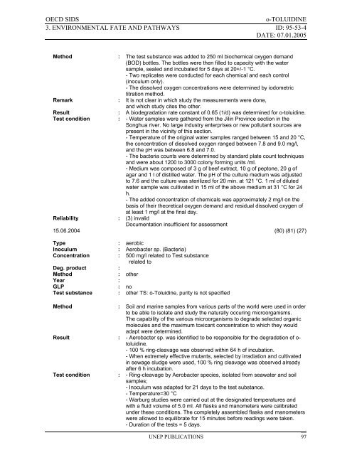 o-TOLUIDINE CAS N°: 95-53-4 - UNEP Chemicals