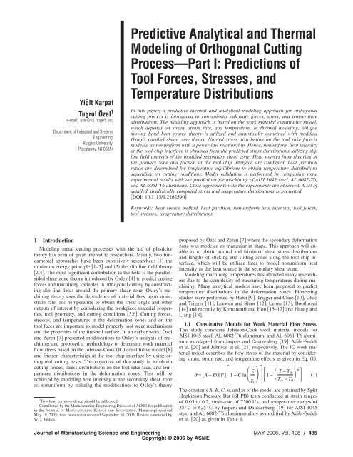 Predictive Analytical and Thermal Modeling of Orthogonal Cutting ...