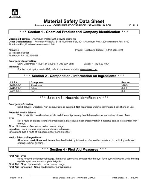 Material Safety Data Sheet - Alcoa