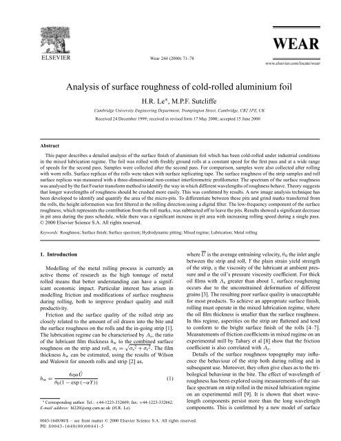 Analysis of surface roughness of cold-rolled aluminium foil