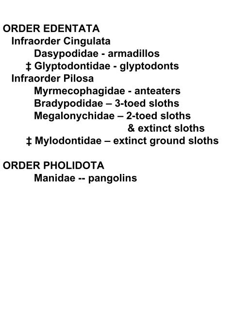 Classification of Recent Mammals to ordinal level - Biology Courses ...