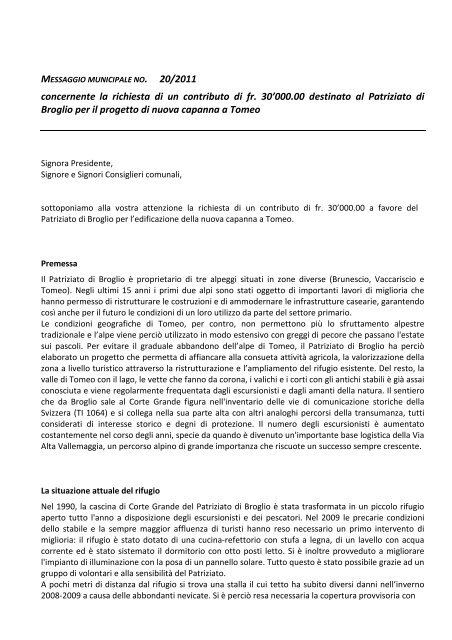 20/2011 Richiesta di un contributo di fr - Comune di Lavizzara