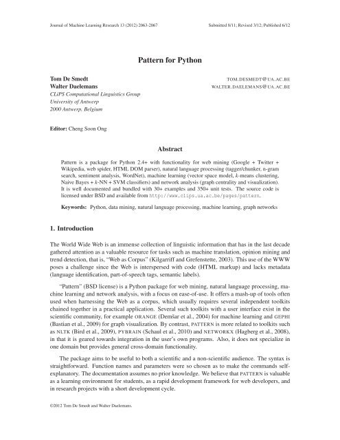 Pattern for Python Journal of Machine Learning Research MIT