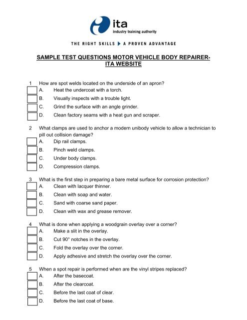 SAMPLE TEST QUESTIONS MOTOR VEHICLE BODY REPAIRER ...