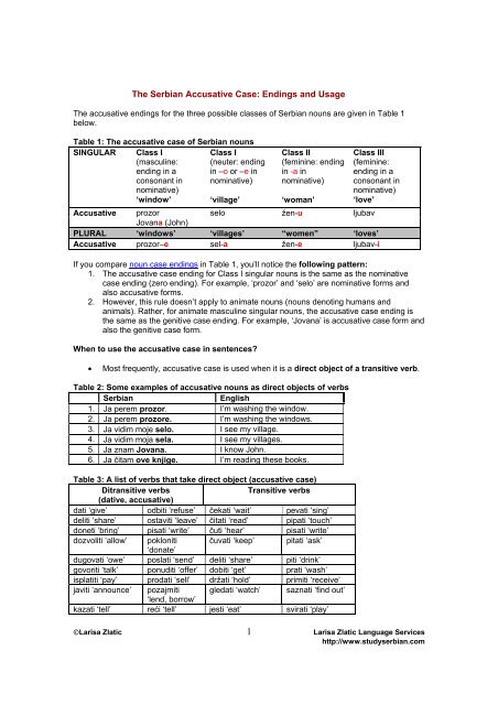 The Serbian Accusative Case: Endings and Usage - Larisa Zlatic's ...