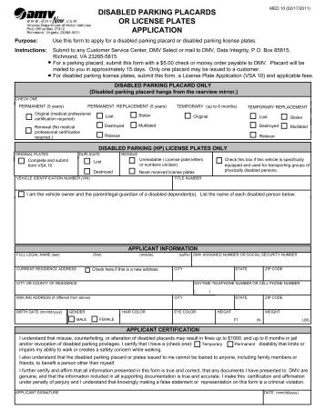 disabled parking placards or license plates application