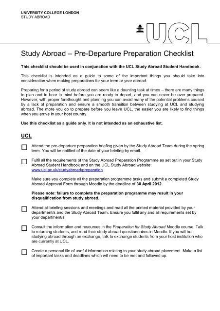 Study Abroad – Pre-Departure Preparation Checklist - UCL