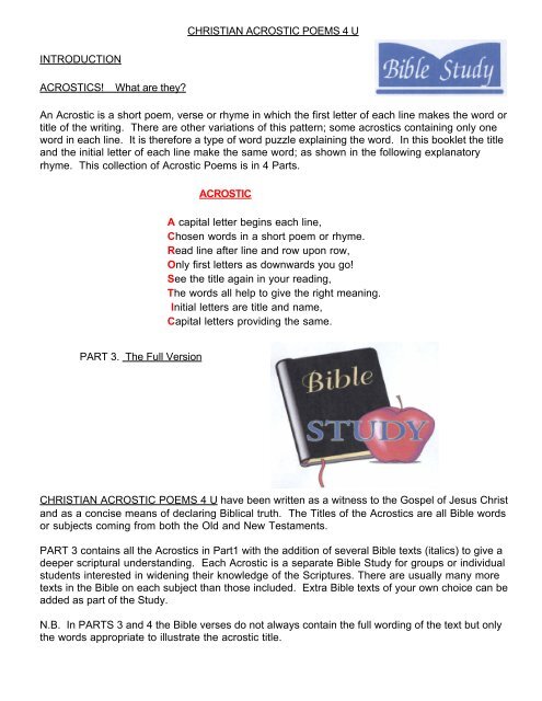Christian Acrostic Poems 4 U Introduction Tracts Com