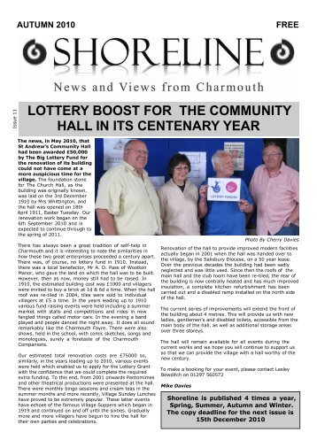 lottery boost for the community hall in its - Charmouth