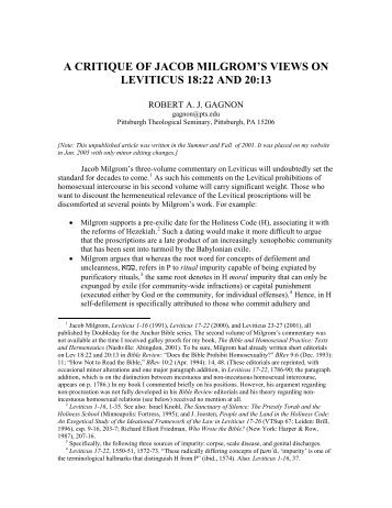 A Critique of Jacob Milgrom's Views on Leviticus - Robert Gagnon