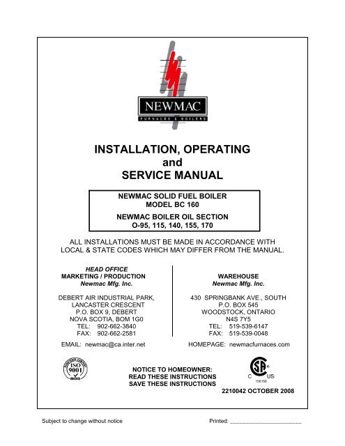 INSTALLATION, OPERATING and SERVICE MANUAL - Newmac ...