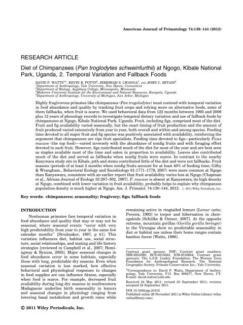 Diet of chimpanzees (Pan troglodytes schweinfurthii) at Ngogo ...