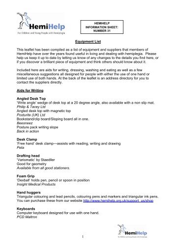 Equipment List This leaflet has been compiled as a list ... - HemiHelp