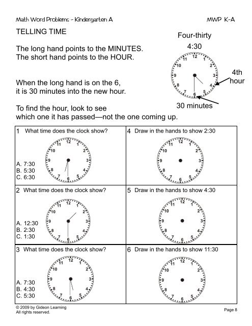TELLING TIME The long hand points to the MINUTES. The short ...