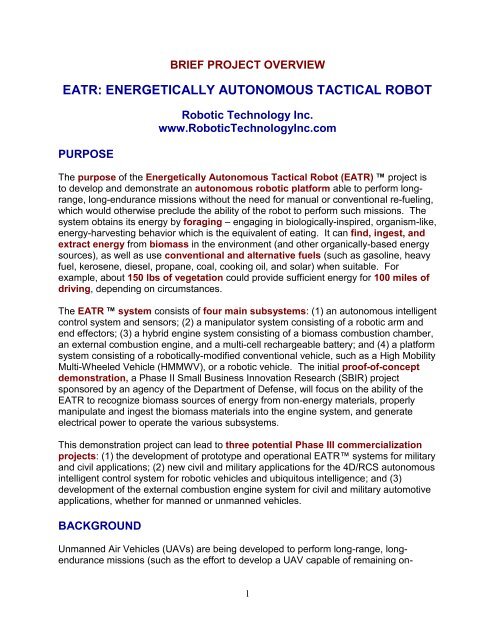 eatr: energetically autonomous tactical robot - Robotic Technology Inc.