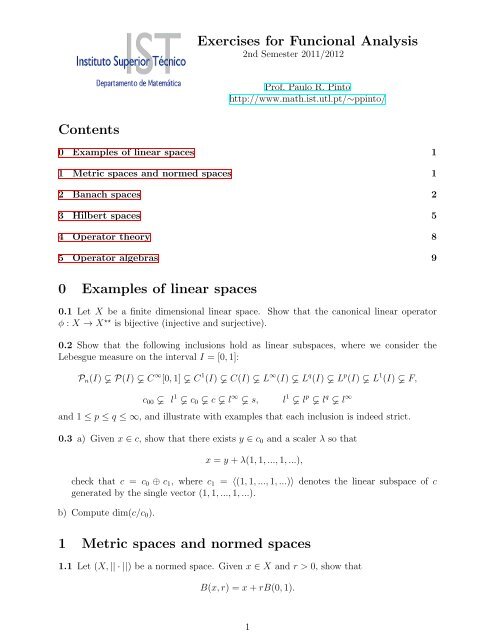 Exercises For Funcional Analysis Contents 0 Examples Of Linear