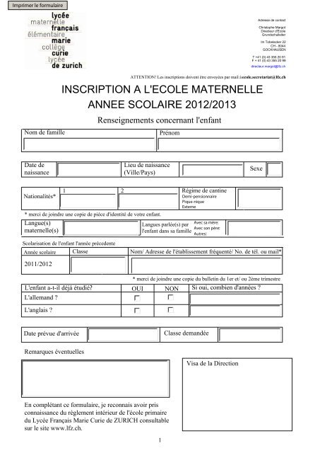 Bulletin De Demande D'inscription : Fiche De Pre Inscription Scolaire
