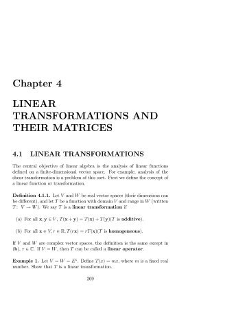 Chapter 4 LINEAR TRANSFORMATIONS AND THEIR MATRICES