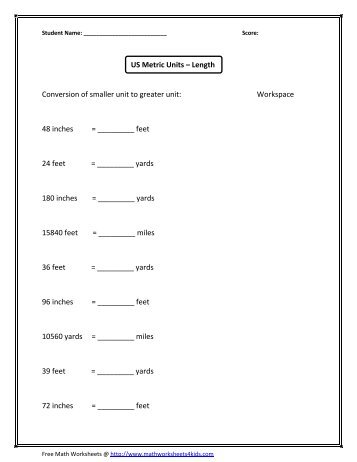 US Metric Units - Math Worksheets For Kids