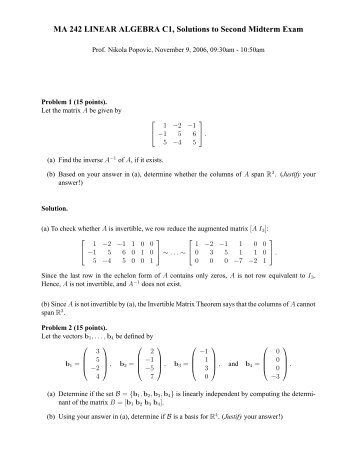 MA 242 LINEAR ALGEBRA C1, Solutions to Second Midterm Exam