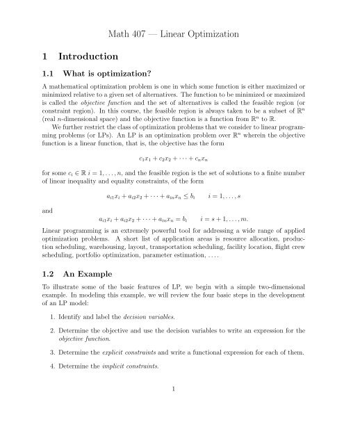 Math 407 — Linear Optimization 1 Introduction