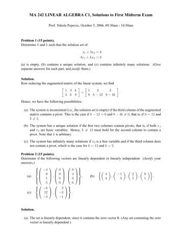 MA 242 LINEAR ALGEBRA C1, Solutions to First Midterm Exam