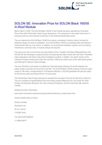 SOLON SE: Innovation Prize for SOLON Black 160/05 In-Roof Module