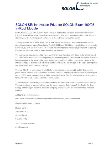 SOLON SE: Innovation Prize for SOLON Black 160/05 In-Roof Module