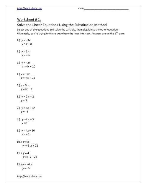 Substitution Method Worksheet Answers