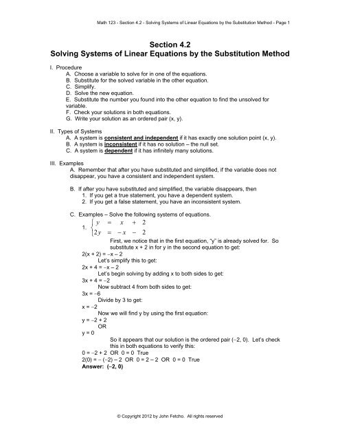 Section 4 2 Solving Systems Of Linear Equations By The Substitution