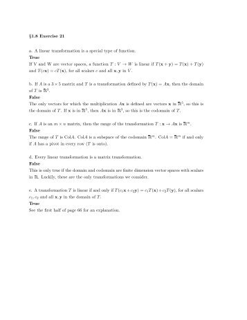 §1.8 Exercise 21 a. A linear transformation is a special type of ...