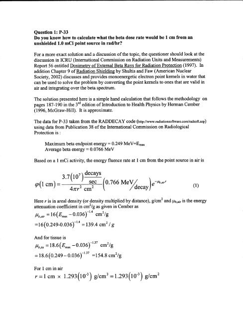 Question on the Calculation of Beta Dose Rate - Health Physics ...