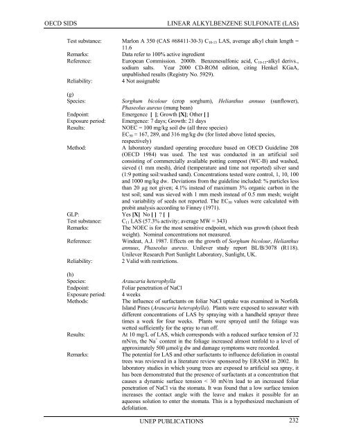 LINEAR ALKYLBENZENE SULFONATE (LAS) - UNEP Chemicals